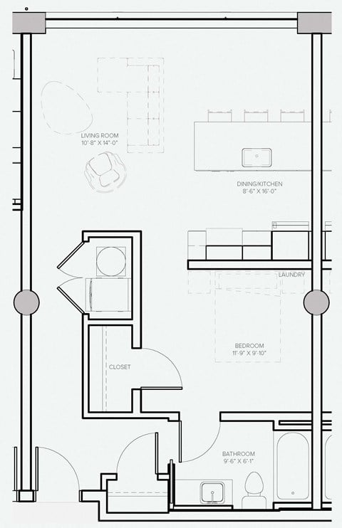 Floor plan for 1 bed, 1 bath, 634 sqft